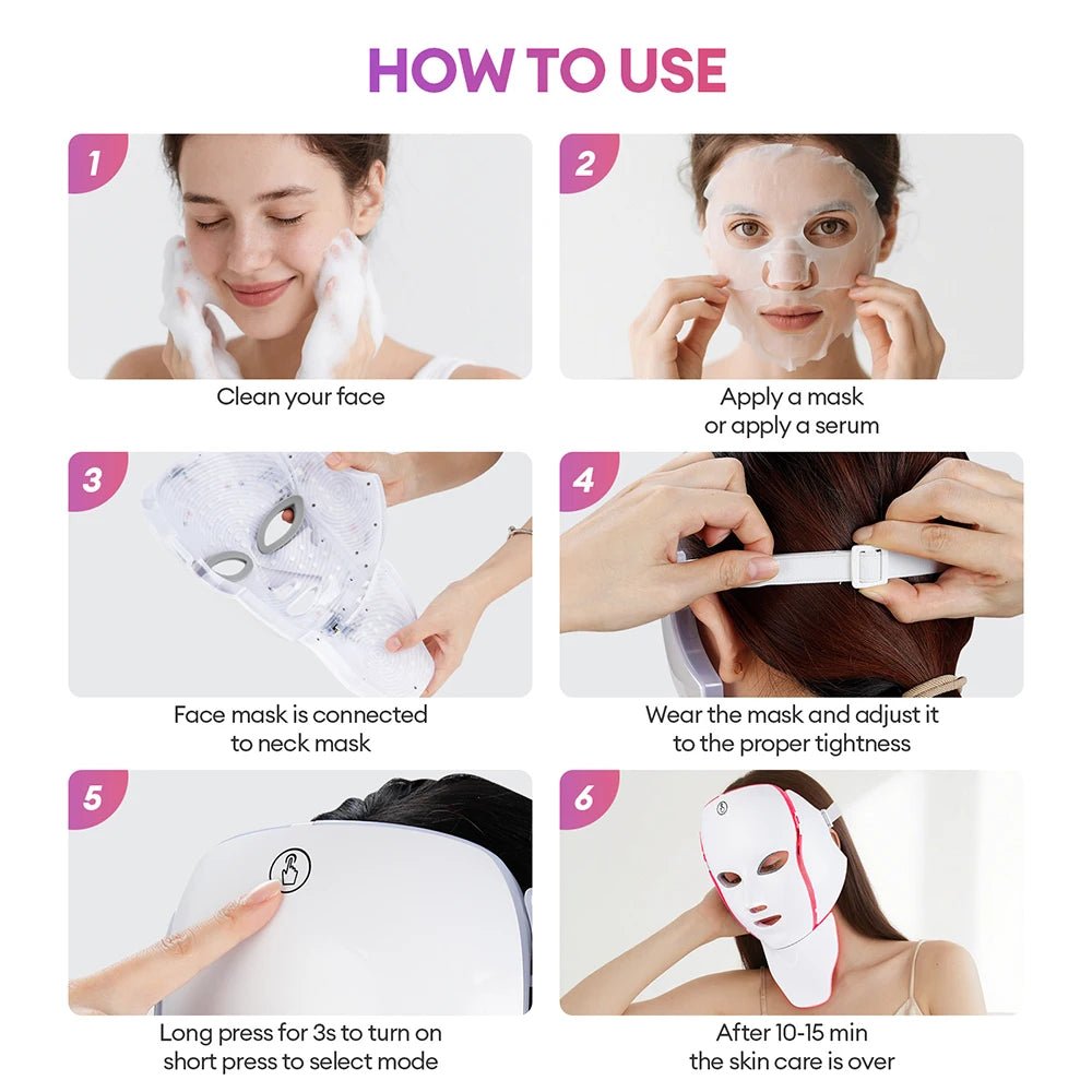 7 Colors LED Facial Mask with Neck LED Light Photon Mask Skin Rejuvenation Anti Acne Beauty Device Face Lifting Firm Massager - Velvet Haven