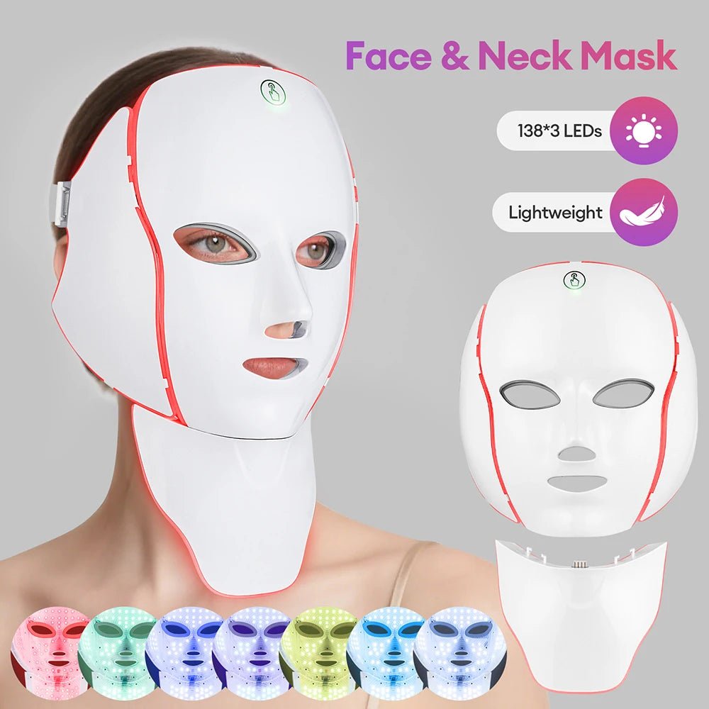 7 Colors LED Facial Mask with Neck LED Light Photon Mask Skin Rejuvenation Anti Acne Beauty Device Face Lifting Firm Massager - Velvet Haven