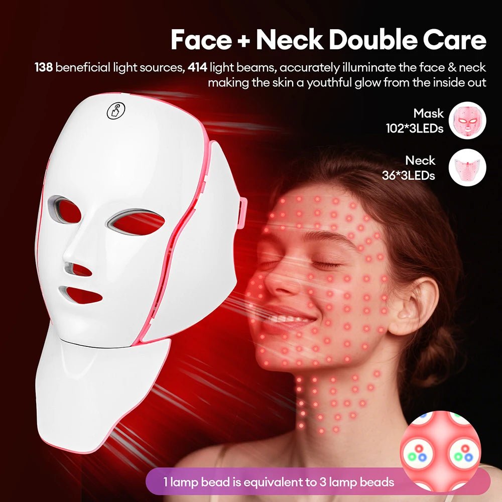 7 Colors LED Facial Mask with Neck LED Light Photon Mask Skin Rejuvenation Anti Acne Beauty Device Face Lifting Firm Massager - Velvet Haven