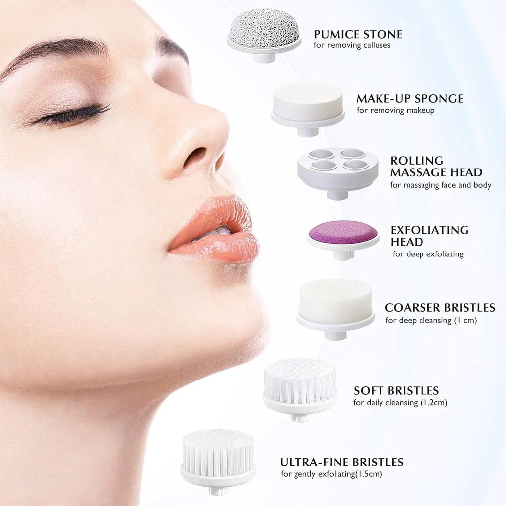 7-in-1 Electric Exfoliating Facial Cleansing Brush for Deep Cleansing and Massaging, with 7 Replaceable Brush Heads. - Velvet Haven