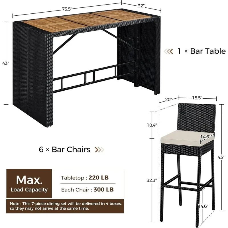 7-Piece Outdoor Dining Set with Wooden Bar Table, Wicker Chairs & Removable Cushions - Velvet Haven