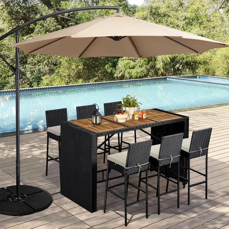 7-Piece Outdoor Dining Set with Wooden Bar Table, Wicker Chairs & Removable Cushions - Velvet Haven