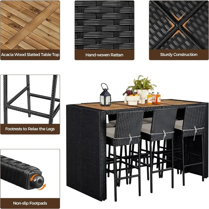 7-Piece Outdoor Dining Set with Wooden Bar Table, Wicker Chairs & Removable Cushions - Velvet Haven