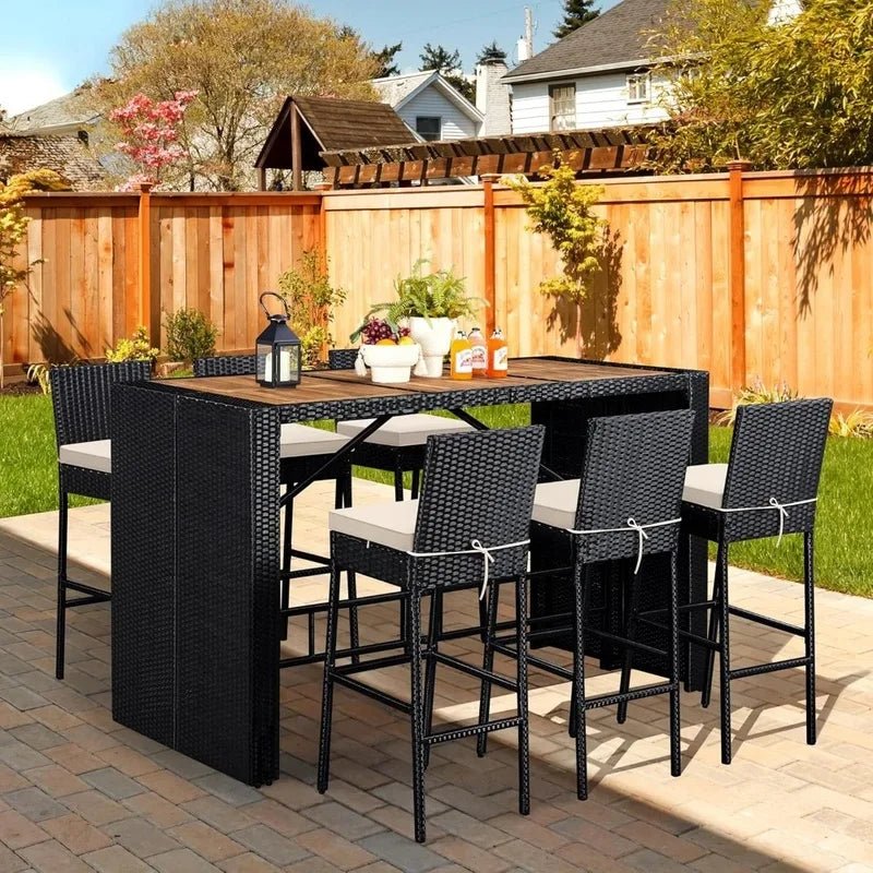 7-Piece Outdoor Dining Set with Wooden Bar Table, Wicker Chairs & Removable Cushions - Velvet Haven