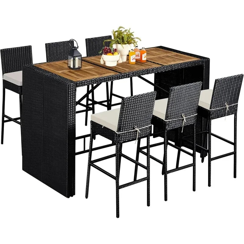 7-Piece Outdoor Dining Set with Wooden Bar Table, Wicker Chairs & Removable Cushions - Velvet Haven