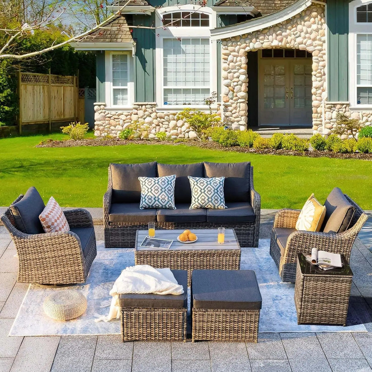 7-Piece Outdoor Wicker Patio Conversation Set with Swivel Chairs - Velvet Haven