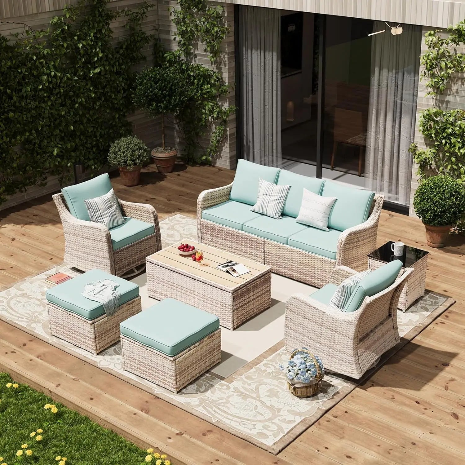 7-Piece Outdoor Wicker Patio Conversation Set with Swivel Chairs - Velvet Haven