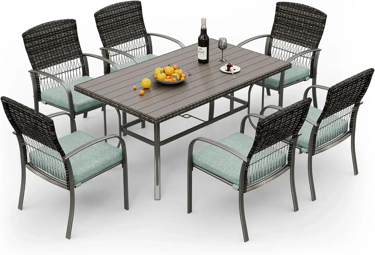 7-Piece Outdoor Wicker Patio Dining Set with Iron Slat Table and 6 Cushioned Chairs - Velvet Haven
