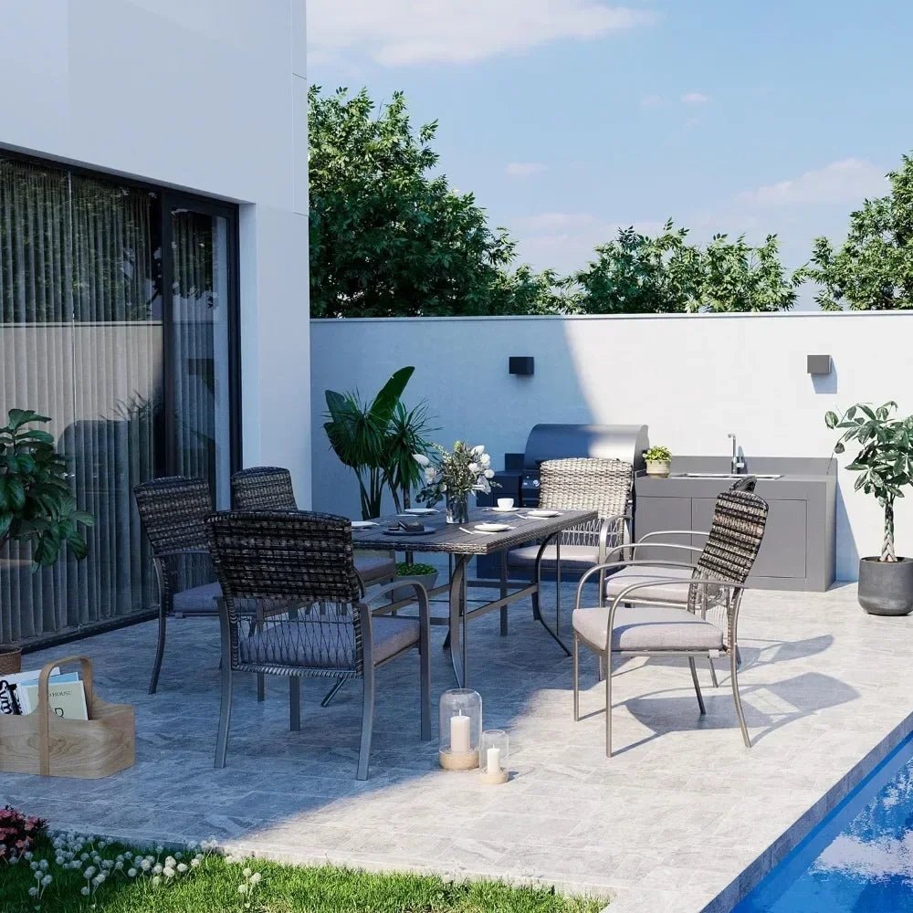 7-Piece Outdoor Wicker Patio Dining Set with Iron Slat Table and 6 Cushioned Chairs - Velvet Haven