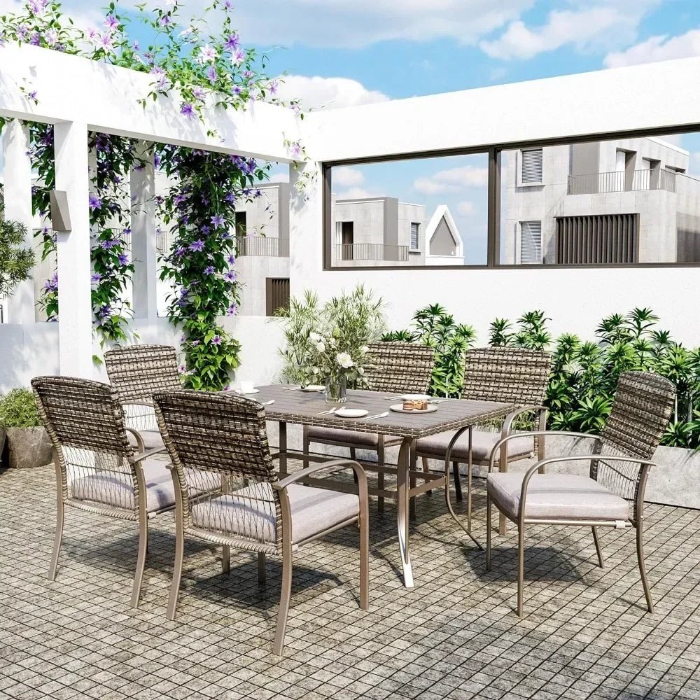 7-Piece Outdoor Wicker Patio Dining Set with Iron Slat Table and 6 Cushioned Chairs - Velvet Haven