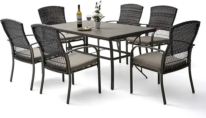 7-Piece Outdoor Wicker Patio Dining Set with Iron Slat Table and 6 Cushioned Chairs - Velvet Haven