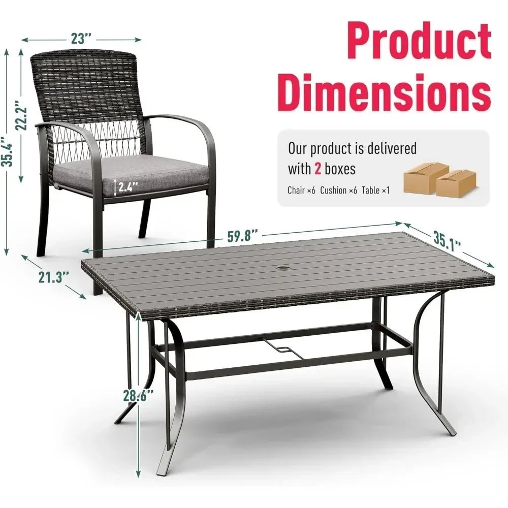 7-Piece Outdoor Wicker Patio Dining Set with Iron Slat Table and 6 Cushioned Chairs - Velvet Haven
