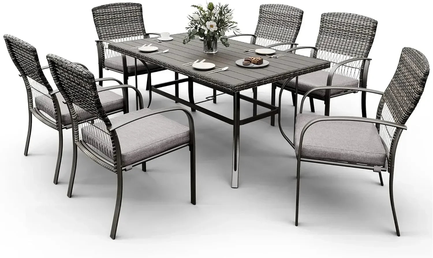 7-Piece Outdoor Wicker Patio Dining Set with Iron Slat Table and 6 Cushioned Chairs - Velvet Haven