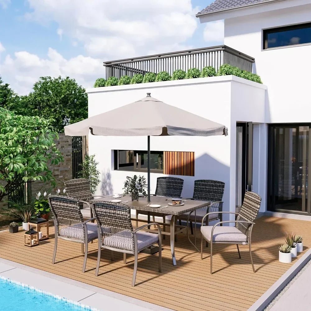 7-Piece Outdoor Wicker Patio Dining Set with Iron Slat Table and 6 Cushioned Chairs - Velvet Haven