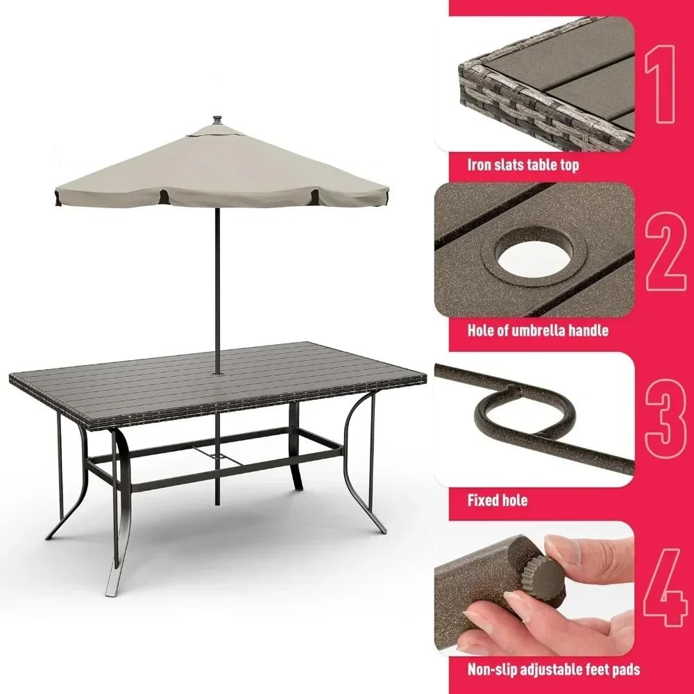 7-Piece Outdoor Wicker Patio Dining Set with Iron Slat Table and 6 Cushioned Chairs - Velvet Haven