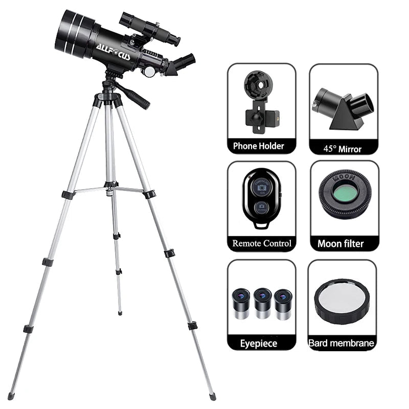 70mm Portable Refractor Telescope – 150X Magnification with Phone Adapter & Wireless Remote - Velvet Haven
