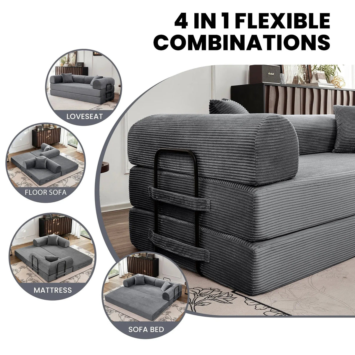 79" Convertible Corduroy Sofa Bed with Removable Armrests - Velvet Haven