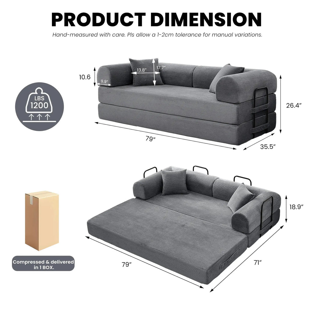 79" Convertible Corduroy Sofa Bed with Removable Armrests - Velvet Haven