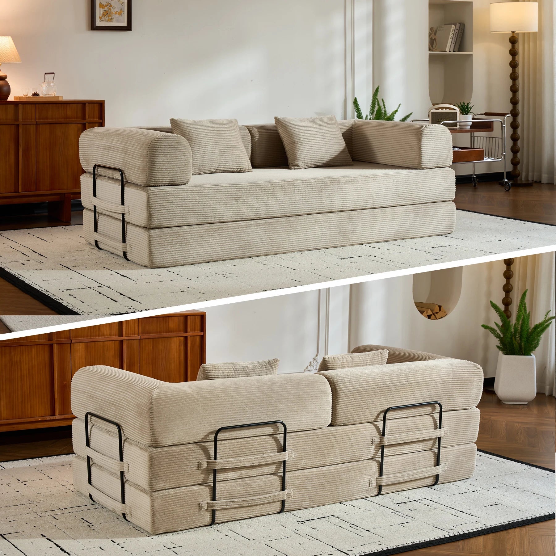 79-Inch Convertible Corduroy Sofa Bed, 5-in-1 Modular Floor Futon Couch - Velvet Haven