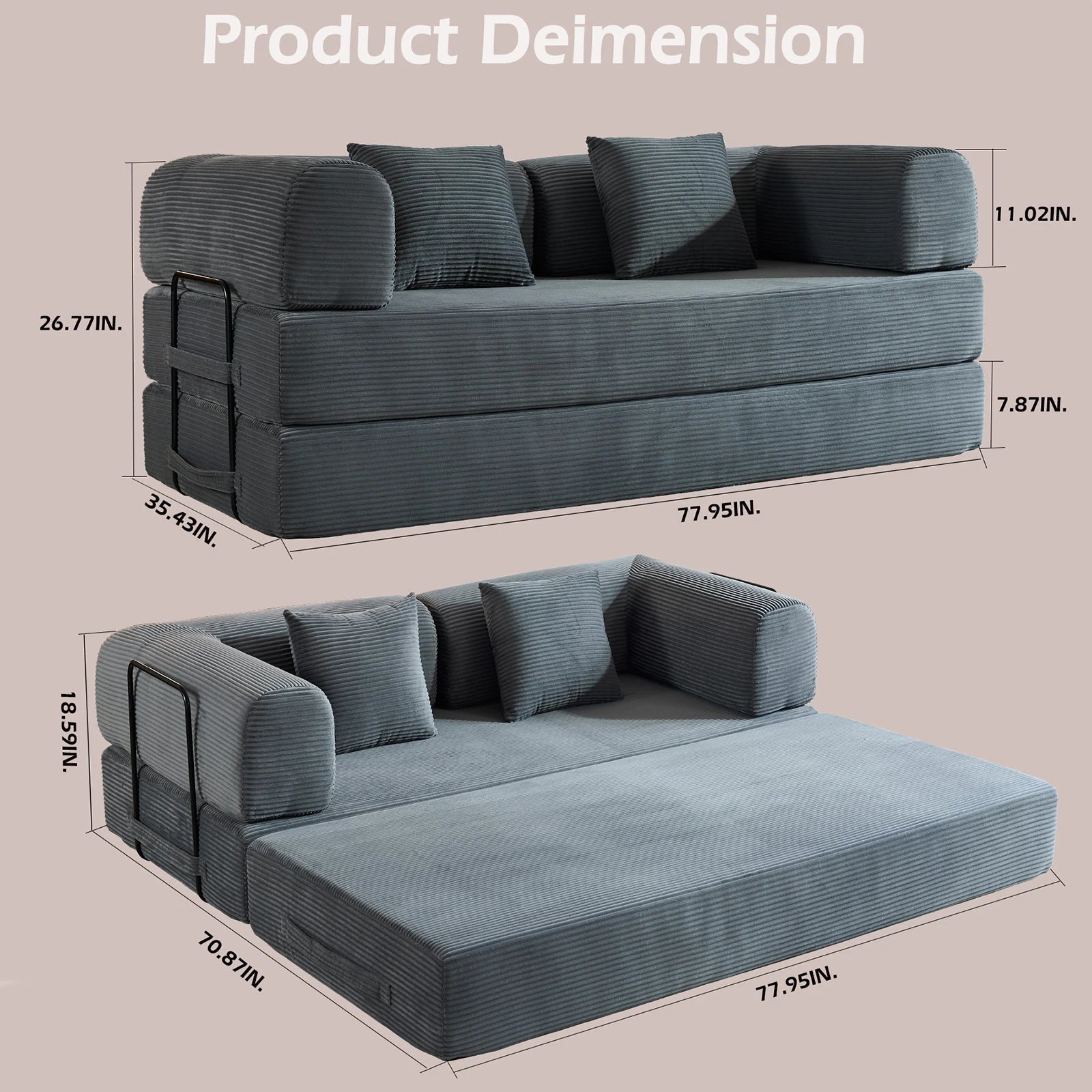79-Inch Convertible Corduroy Sofa Bed, 5-in-1 Modular Floor Futon Couch - Velvet Haven