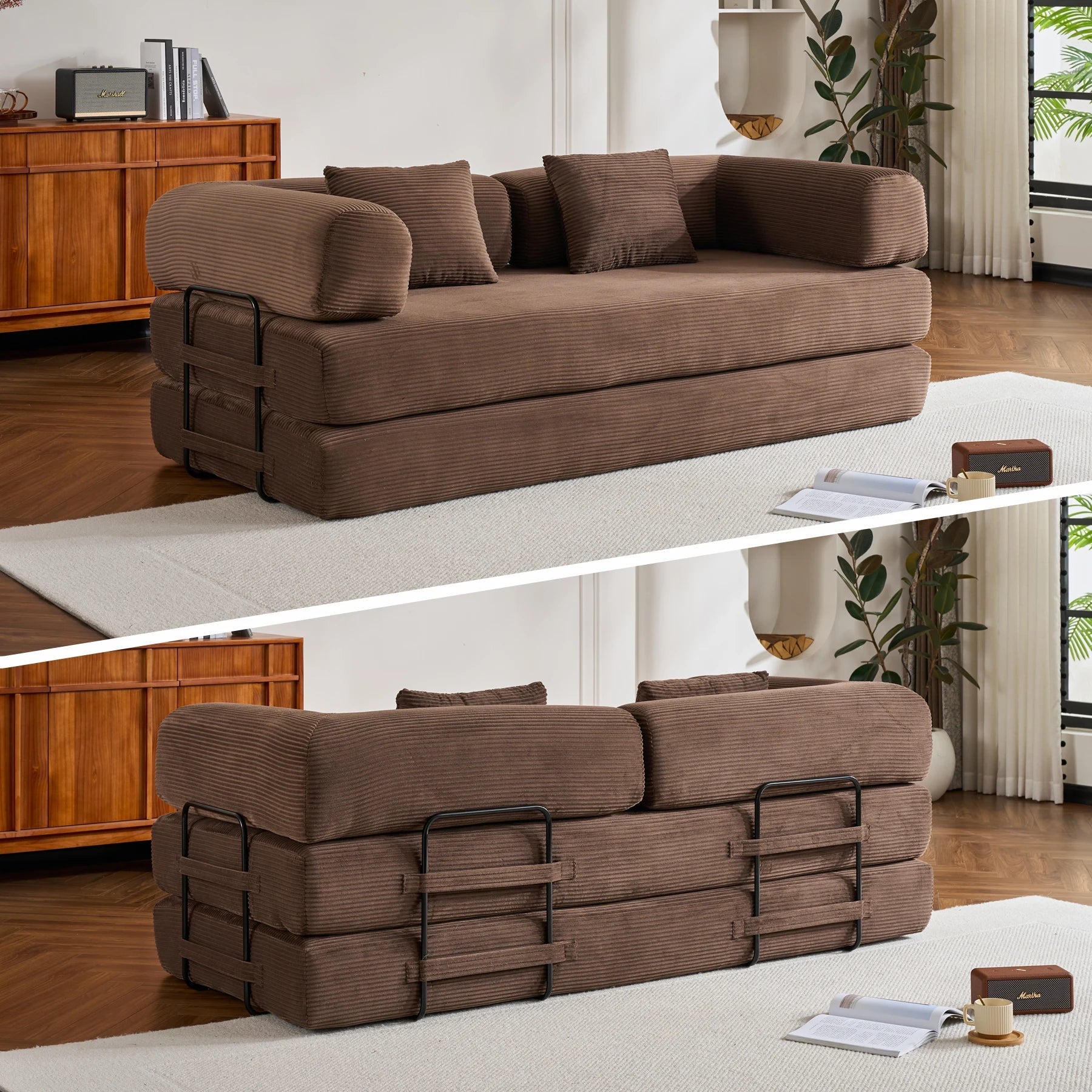 79-Inch Convertible Corduroy Sofa Bed, 5-in-1 Modular Floor Futon Couch - Velvet Haven