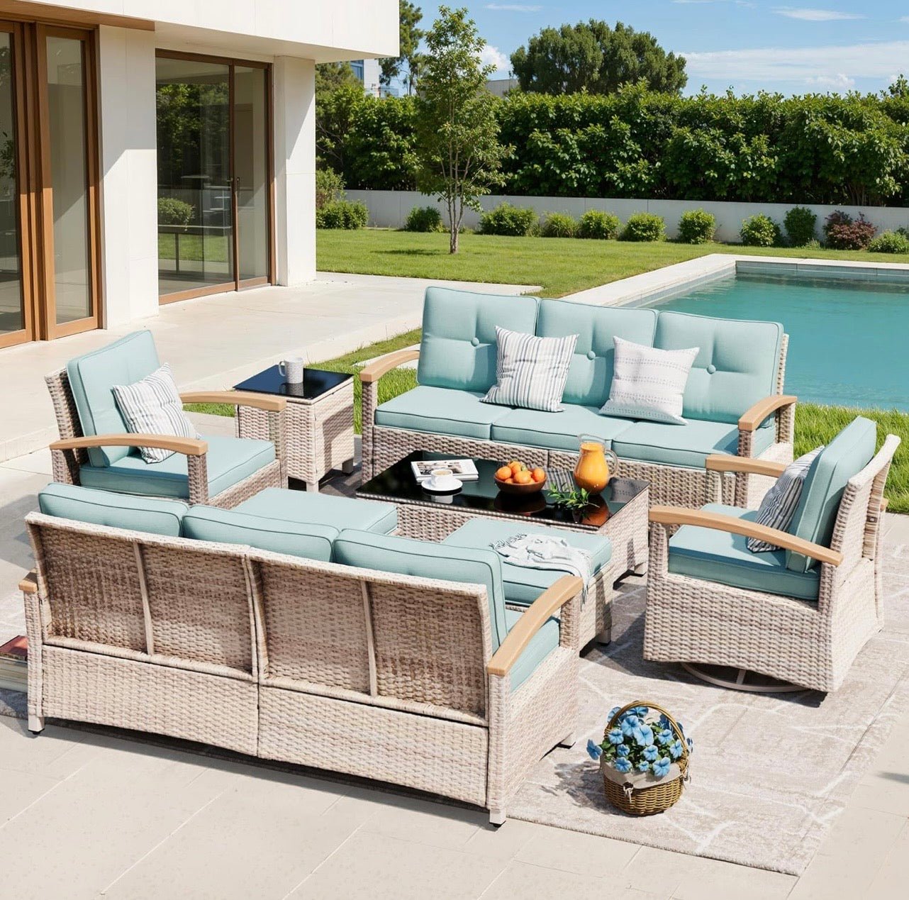 8-Piece Wicker Patio Furniture Set with Swivel Glider Chairs - Velvet Haven