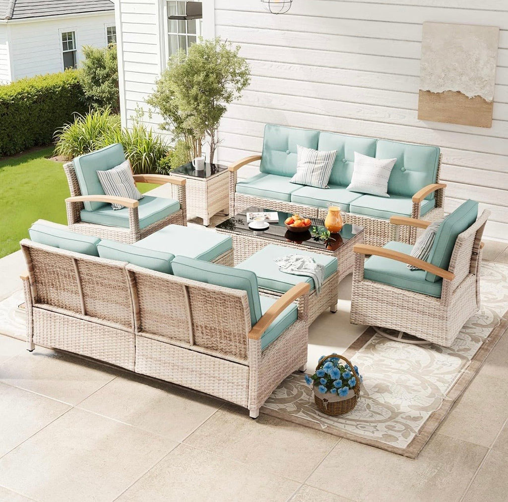 8-Piece Wicker Patio Furniture Set with Swivel Glider Chairs - Velvet Haven