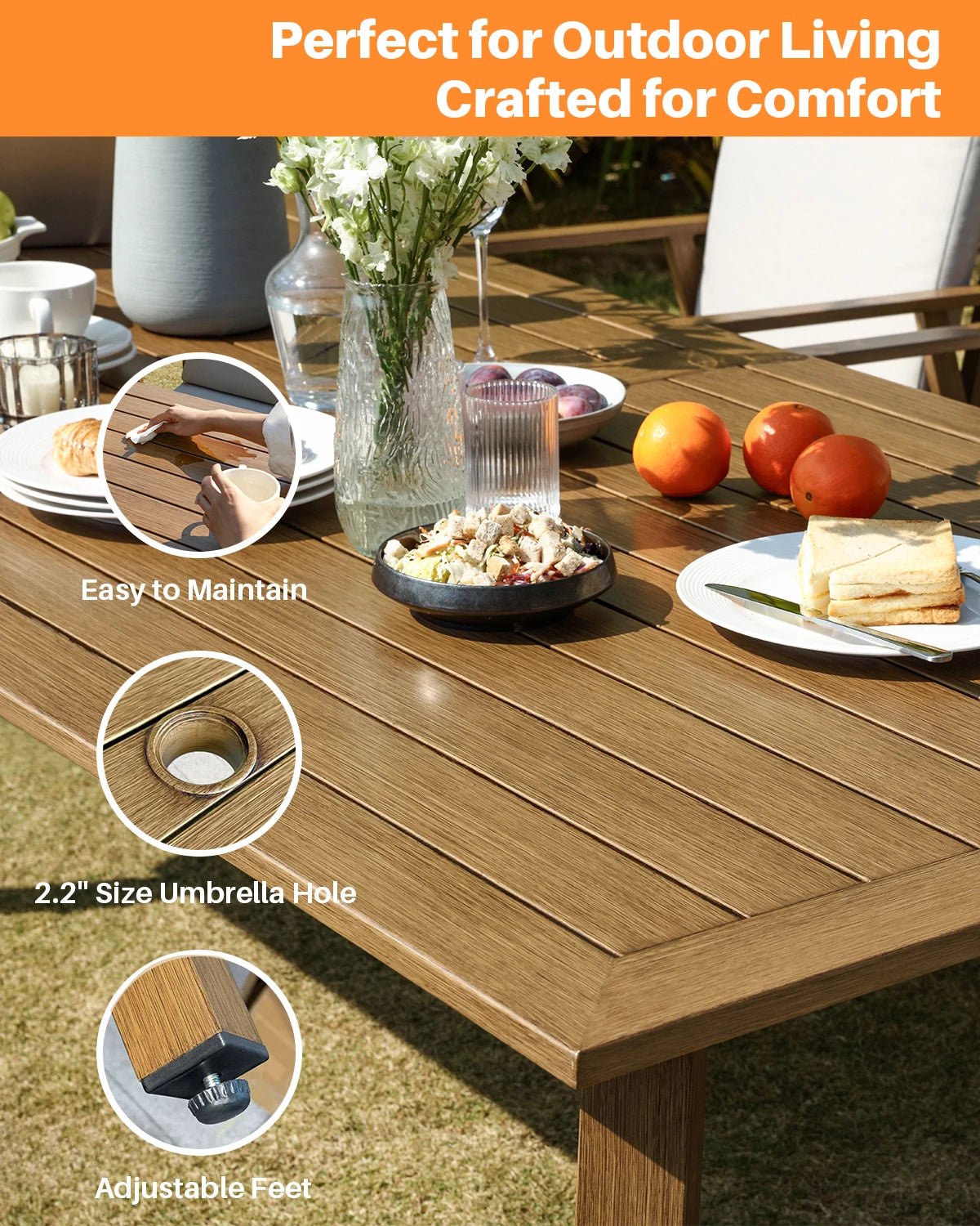 9-Piece Outdoor Aluminum Patio Dining Set for 8 with Umbrella Hole, Teak - Velvet Haven
