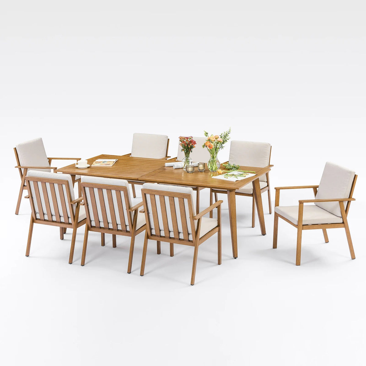 9-Piece Outdoor Aluminum Patio Dining Set for 8 with Umbrella Hole, Teak - Velvet Haven
