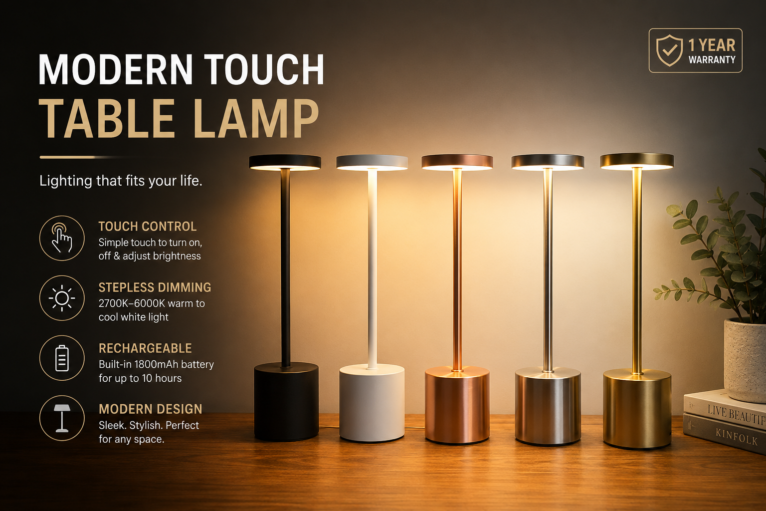 AuraGlow™ Rechargeable Touch Table Lamp