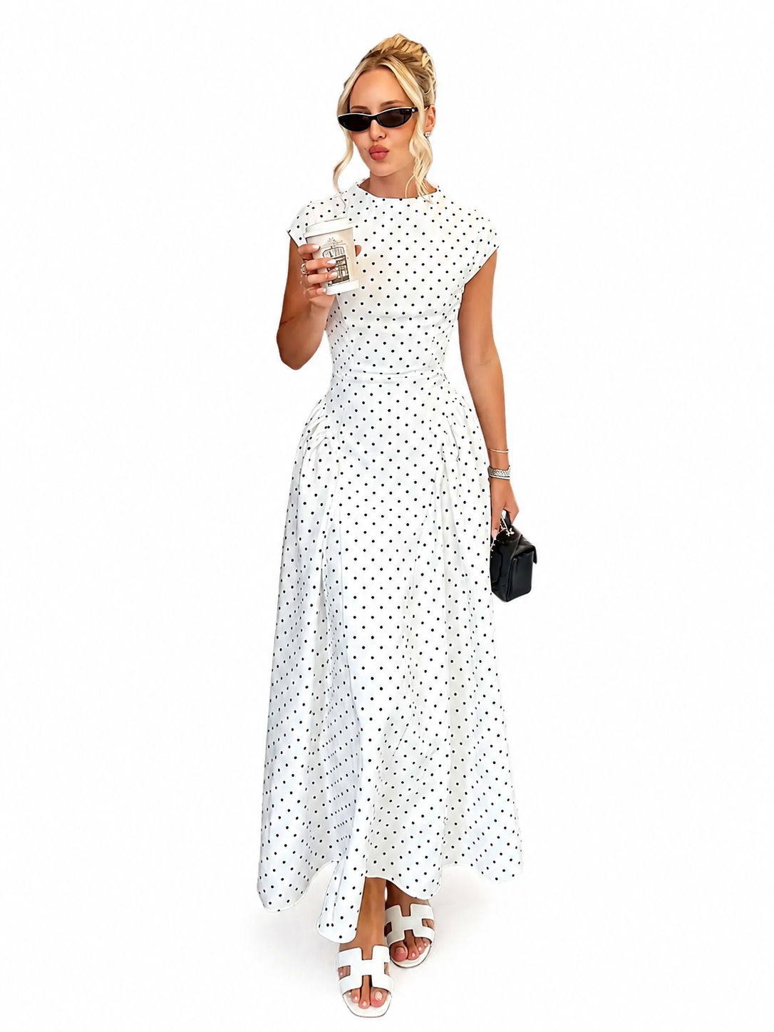 Women's Flowy Polka Dot Maxi Dress – Elegant Summer Vacation Outfit, Flattering Slim-Fit Casual Party Dress, Chic Everyday & Special Occasion Wear