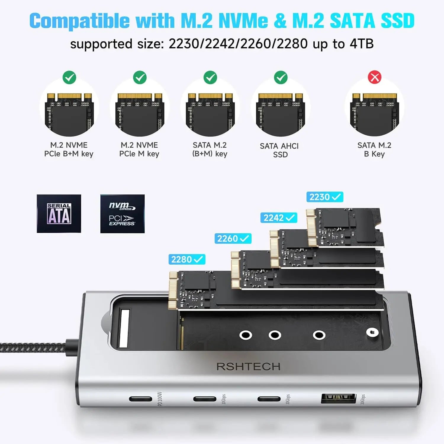 RSHTECH 5-in-1 USB-C Hub with M.2 NVMe/SATA SSD Enclosure