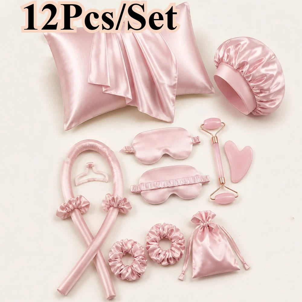 4/12Pcs Styling Kit Heatless Silk Curler with Sleeping Mask Shower Cap for Women and Girls Beauty Kit Travel Hair Styling Tools