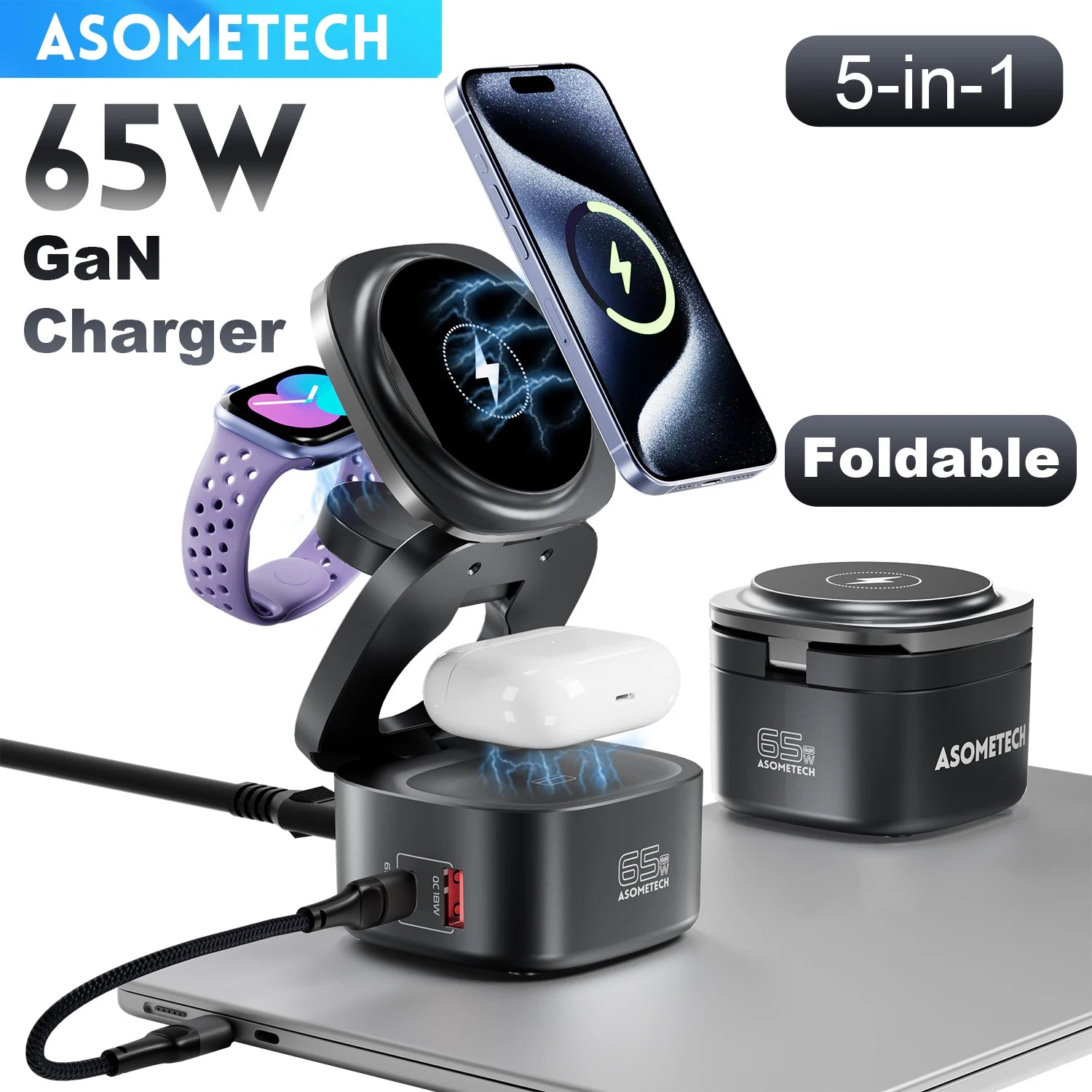 65W GaN USB C Charger For Macbook 5-IN-1 Magnetic Wireless Charger Foldable Fast Charging Station For iPhone 16 iWatch Airpod