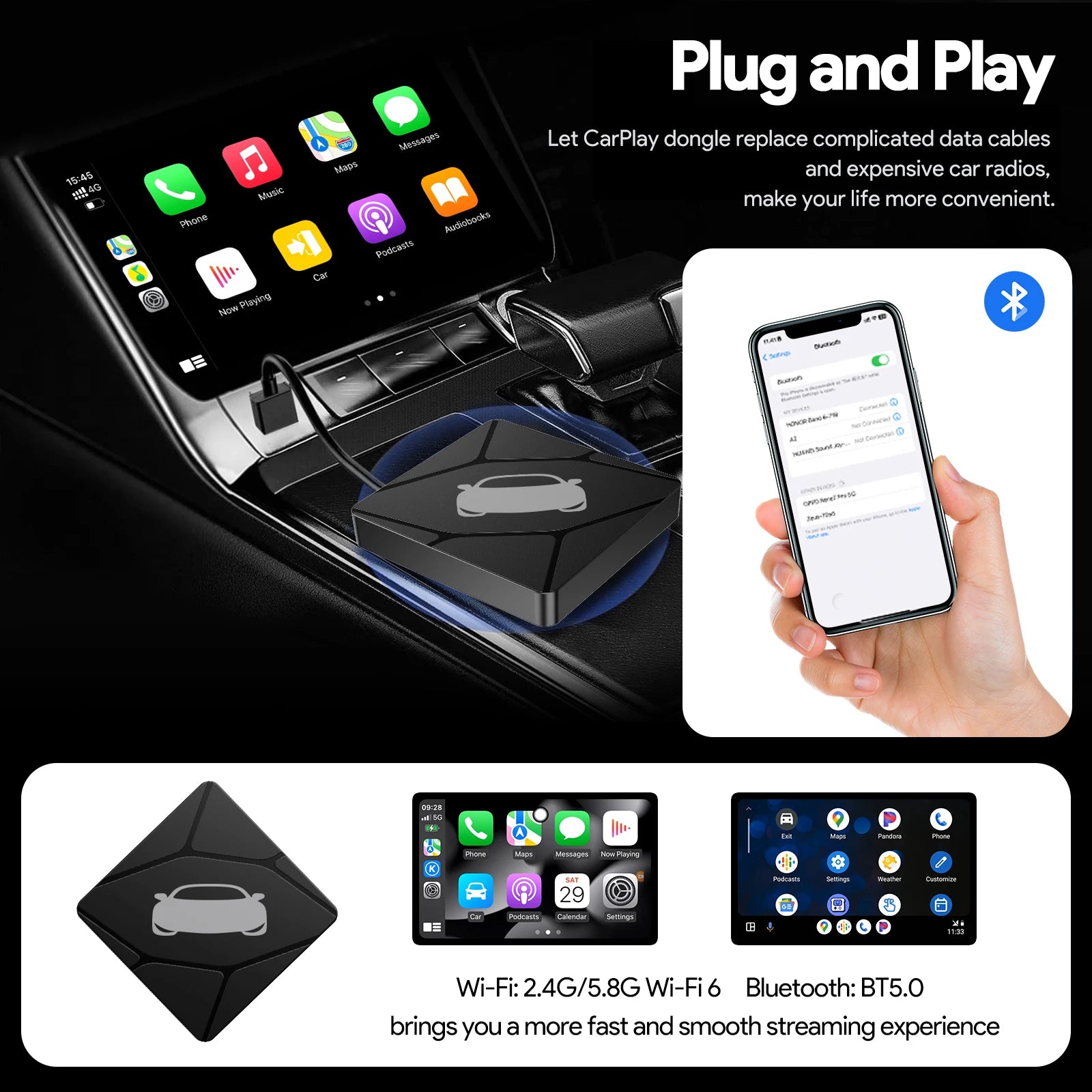 Binize Wireless CarPlay Adapter Wired To Wireless 2 in 1 Box Wireless Android Auto For Mazda Toyota Peugeot Volvo