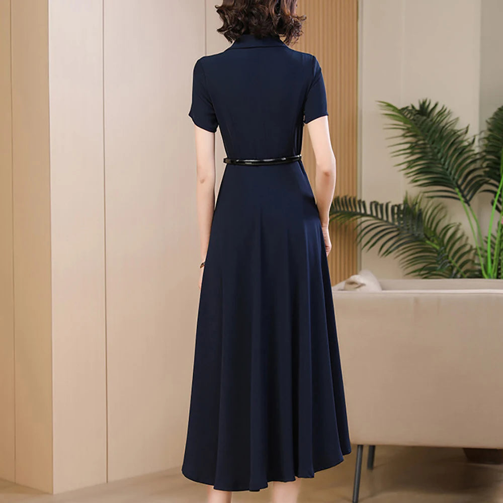 Women's Navy Blue Midi Dress – Elegant Summer Waist-Defining Dress, Chic Suit Collar Design, Flattering A-Line Silhouette for Work, Parties & Special Occasions