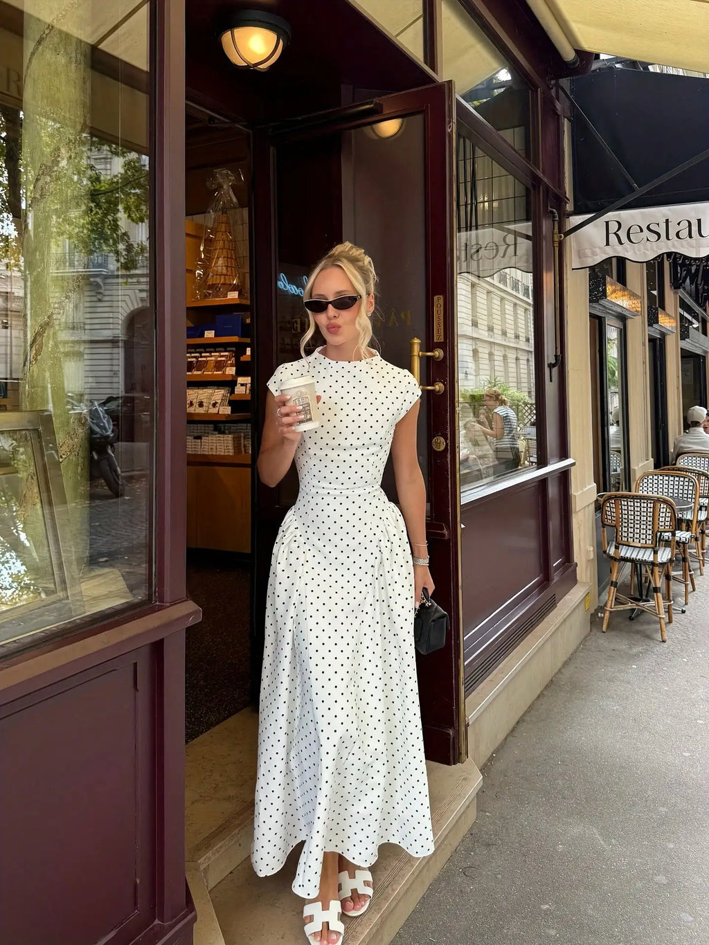 Women's Flowy Polka Dot Maxi Dress – Elegant Summer Vacation Outfit, Flattering Slim-Fit Casual Party Dress, Chic Everyday & Special Occasion Wear