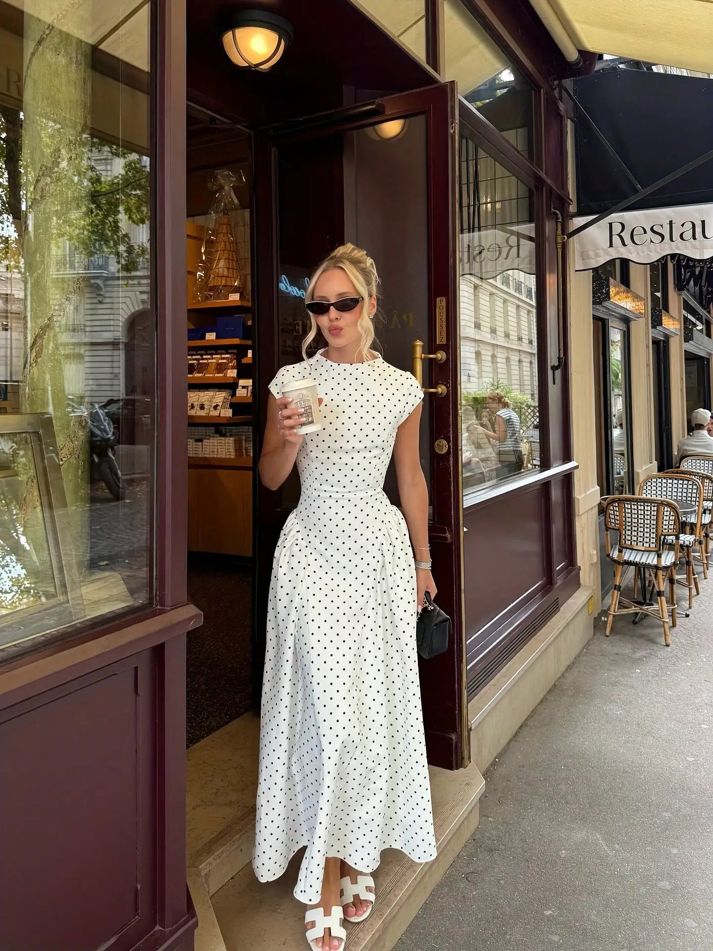 Women's Flowy Polka Dot Maxi Dress – Elegant Summer Vacation Outfit, Flattering Slim-Fit Casual Party Dress, Chic Everyday & Special Occasion Wear