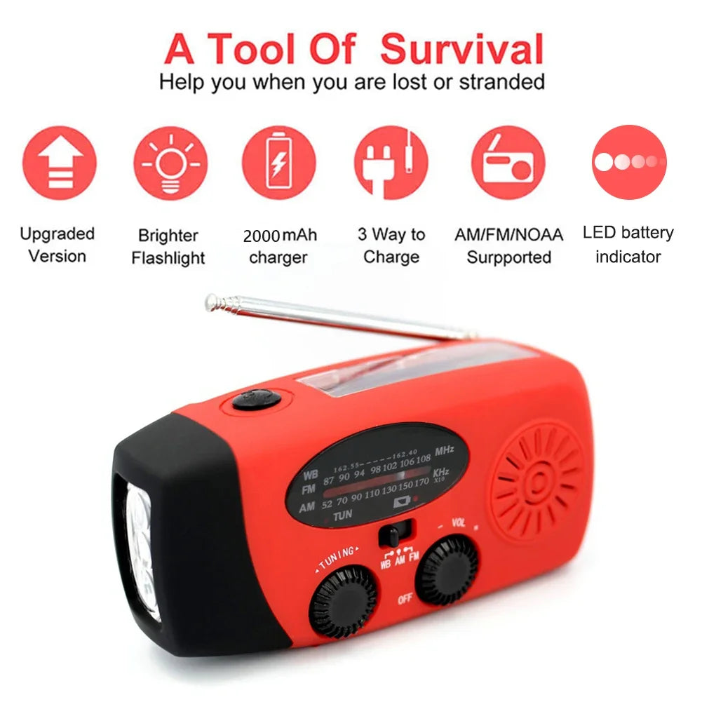 AM FM Radio Portable Multifunction Solar Hand Crank Radio Outdoor Emergency LED Flashlight 2000mAh USB Power Bank Phone Charger