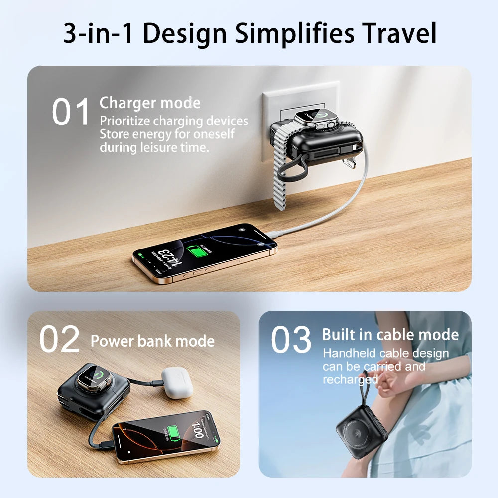 5 in 1 Magnetic Wireless PowerBank Type-C 45W Fast Charging With Dual Cables AC Plug for iPhone 12-17 Android Airpods 15000mAh