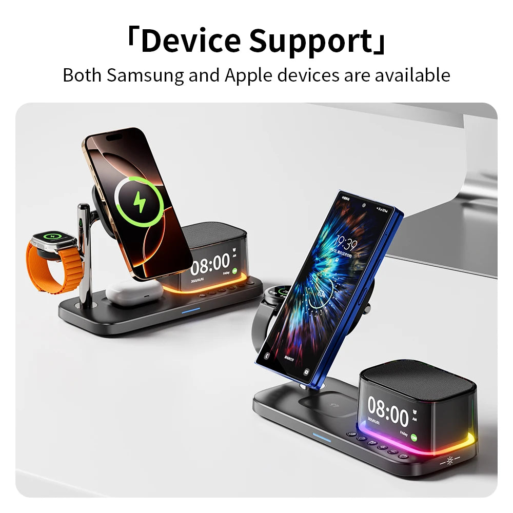 Qi2 25W Wireless Charger 2025 Multifunction Light Rgb Desk Alarm Clock Bluetooth Speaker 5 in 1 Fast Charging for Iphone 17 16