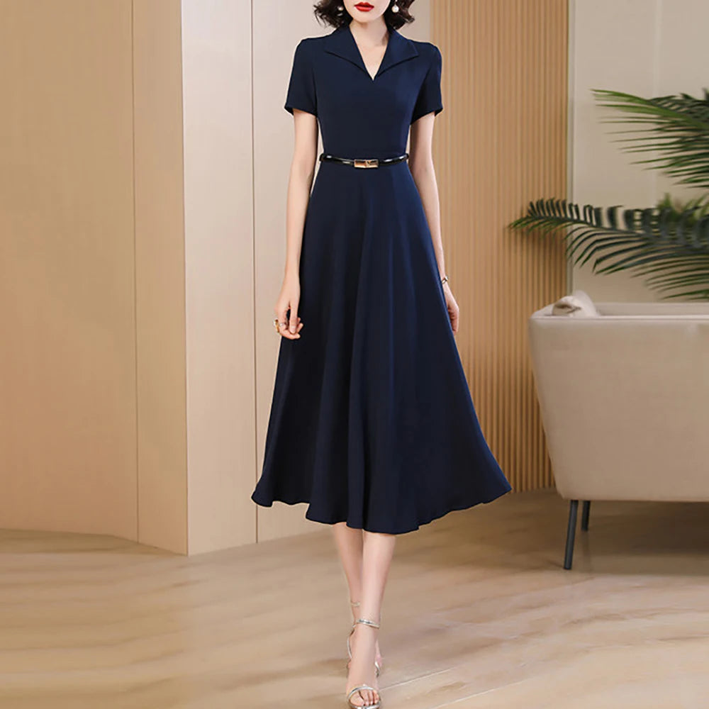 Women's Navy Blue Midi Dress – Elegant Summer Waist-Defining Dress, Chic Suit Collar Design, Flattering A-Line Silhouette for Work, Parties & Special Occasions