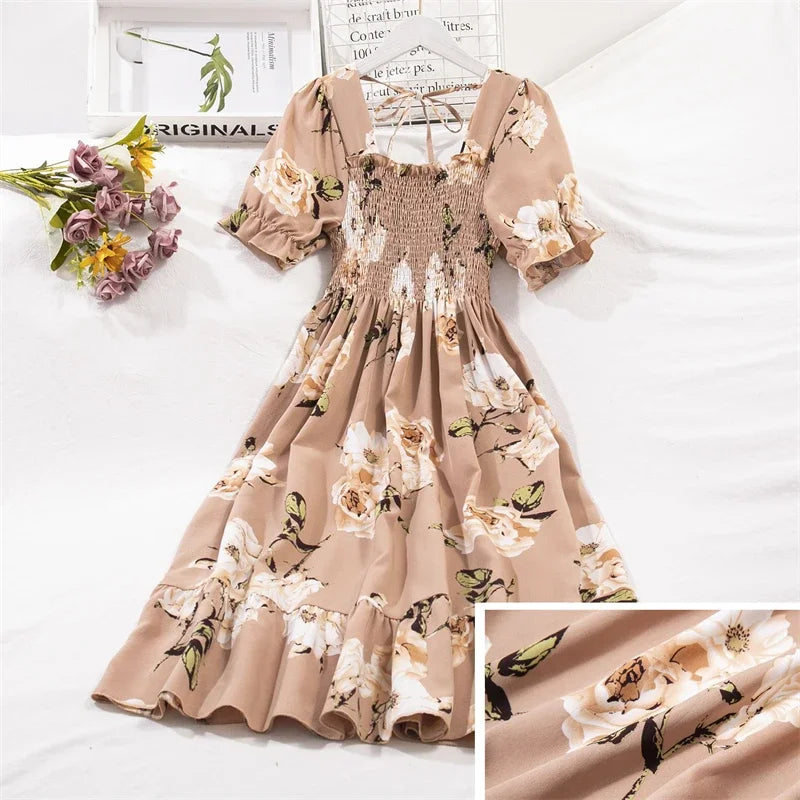 Women's Pleated Chiffon Midi Dress – Lightweight Spring & Summer Dress with Elastic Waist, Flowy A-Line Silhouette, Short Sleeve Casual Elegance