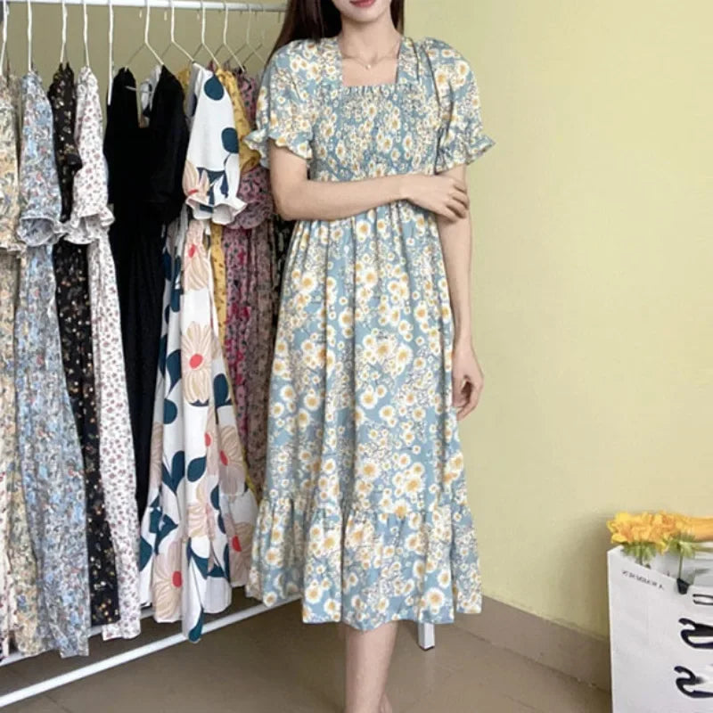 Women's Pleated Chiffon Midi Dress – Lightweight Spring & Summer Dress with Elastic Waist, Flowy A-Line Silhouette, Short Sleeve Casual Elegance