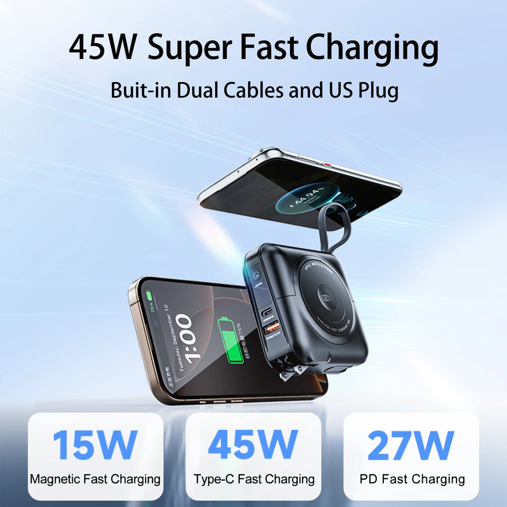 5 in 1 Magnetic Wireless PowerBank Type-C 45W Fast Charging With Dual Cables AC Plug for iPhone 12-17 Android Airpods 15000mAh