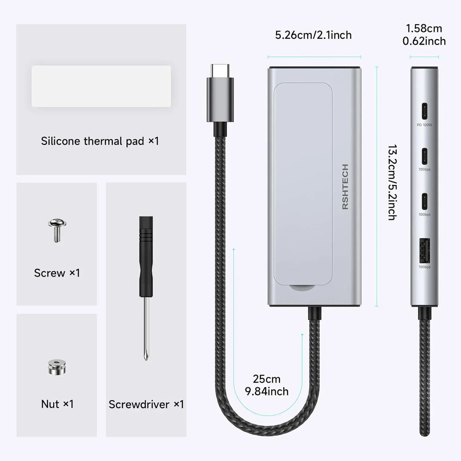 RSHTECH 5-in-1 USB-C Hub with M.2 NVMe/SATA SSD Enclosure
