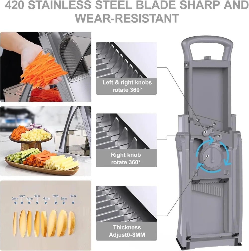 Mandoline Slicer for Kitchen, Adjustable Thickness, Spiralizer & Veggie Slicer, Detachable Blade, Cleaning Brush