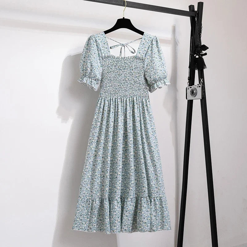 Women's Pleated Chiffon Midi Dress – Lightweight Spring & Summer Dress with Elastic Waist, Flowy A-Line Silhouette, Short Sleeve Casual Elegance