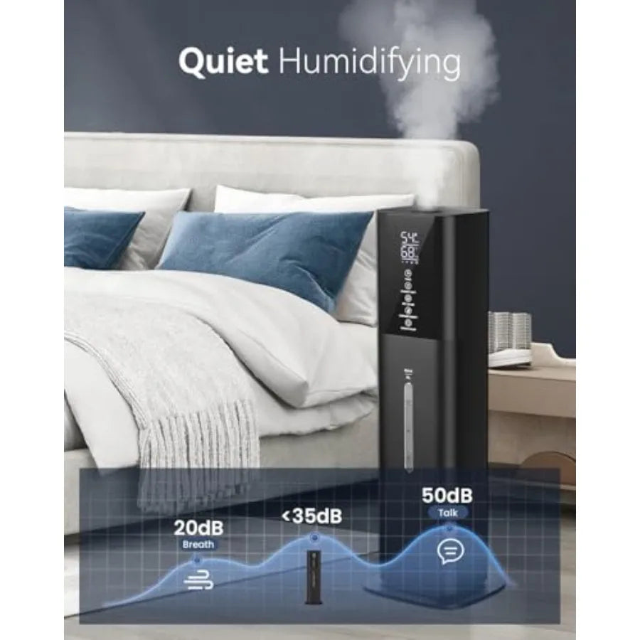 Bedroom humidifier for large rooms, ultrasonic cool mist, 8L capacity, quiet operation, 360 nozzle, 3-speed control, timer, hum
