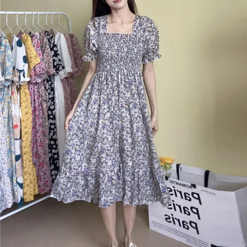 Women's Pleated Chiffon Midi Dress – Lightweight Spring & Summer Dress with Elastic Waist, Flowy A-Line Silhouette, Short Sleeve Casual Elegance